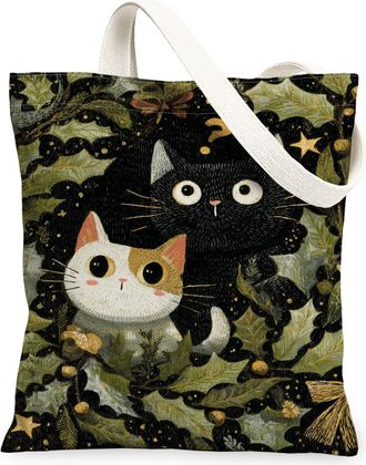 Generic Festive Cats Canvas Tote Bags, Cute Feline Design Reusable Grocery Bags, Holiday Lightweight Washable Shoulder Strap Canvas, Black White, 13x15 Inch