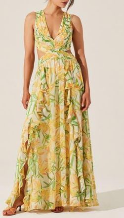 ASTR the Label Noya Floral Pleated Cutout Maxi Dress in Yellow Gre at Nordstrom Rack, Size Large