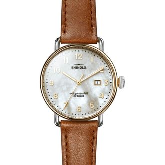 Shinola Canfield Leather Strap Watch, 38mm in White Mother Of Pearl at Nordstrom