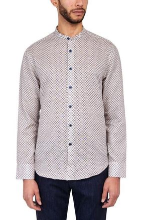 Brooklyn Brigade Slim Fit Geo Linen Cotton Banded Collar Long Sleeve Shirt in Tan/blue at Nordstrom, Size Xx-Large