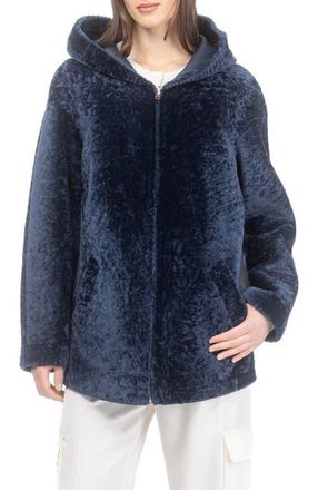 Gorski Textured Reversible Genuine Shearling Zip Parka in Navy at Nordstrom, Size X-Small