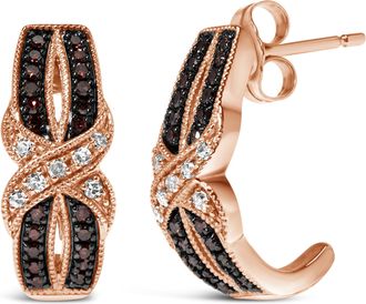 House of Brilliance 10K Rose Gold 1/3 Cttw White and Brown Diamond Milgrain Criss Cross J-Hoop Earrings