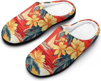 Generic Sailboat Tropical Plants Flowers Sunset Mens Slippers Slip On Comfortable Fleece Cotton House Shoes Winter