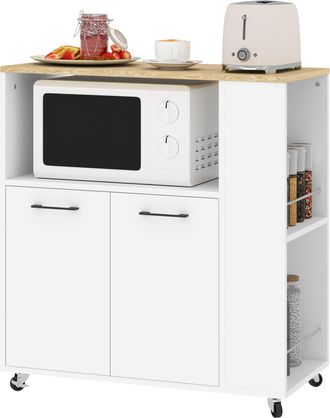 HOMCOM Homcom Carrito Auxiliar Con Ruedas, Carrito De Cocina Con 2 Puertas, Estante Ajustable, Especieros, Para Comedor, 75x40x80,5 Cm, Blanco
