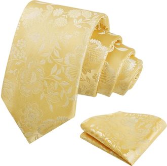 Alizeal Mens 8cm Floral Tie with Pocket Square Fashion Elegant Wedding Business Necktie Set, Golden