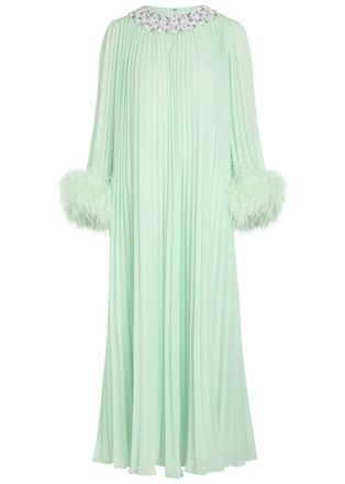 Self Portrait Feather-embellished Pleated Gown - Green - 8 (UK8 / S)