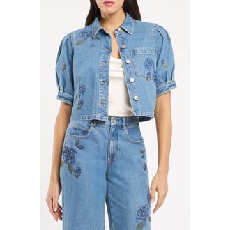Cinq &agrave; Sept Halsie Heatset Sequin Roses Denim Crop Top in Horizon Multi at Nordstrom, Size X-Large