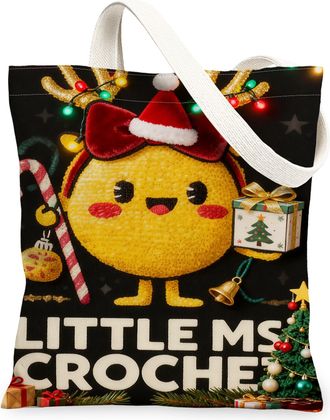 Generic Christmas Holiday Character Canvas Tote Bags, Adorable Design Reusable Grocery Bags, Lightweight Washable Canvas for Travel, Black, 13x15 Inch