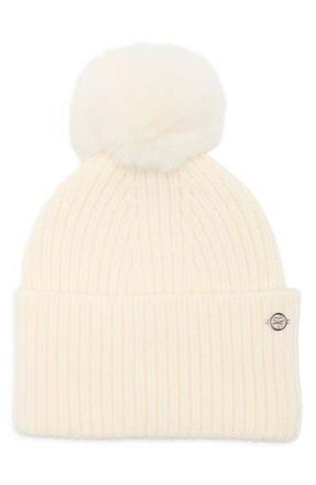 Ted Baker Faux Fur Pompom Cuffed Beanie in Ivory at Nordstrom Rack
