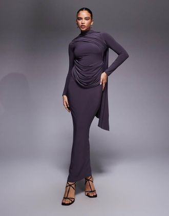 Asos Vestito lungo a maniche lunghe drappeggiato grigio ardesia