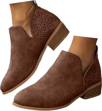 Generic Womens Ankle Boots & Booties,V Cutout Pointed Toe Chunky Stacked Heel Ankle Boots Slip On Vintage Faux Leather Arch Support Shoes Fashion Low Heel Pul