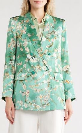 L'agence Taryn Floral Double Breasted Silk Blazer in Teal Watercolor Cherry Blossom at Nordstrom Rack, Size 4