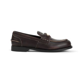 Miu Miu Loafers, female, Brown, Size: 10 US Black Leather Penny Loafers with Metal Ornament