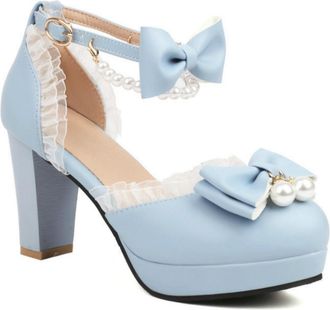 Generic Womens Platform Lolita Shoes Chunky Heel Pearl Pumps Ankle Strap Mary Jane Heels,Blue,1.5 UK