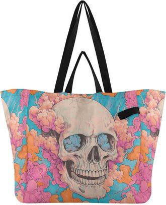 Generic Skull Cloud Eyes Cyan pattern Reusable Canvas Tote Bag, Heavy Duty Grocery Shopping Bag with Hard Bottom Large Capacity Double Handles Work Groceries 