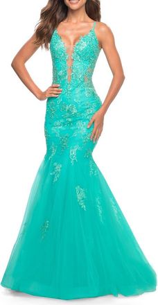 La Femme Tulle and Lace Mermaid Gown in Aqua at Nordstrom, Size 00