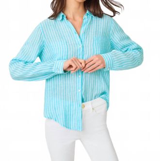 Lilly Pulitzer Sea View Linen Button Down Shirt In Capri Blue Saint Tropez Stripe
