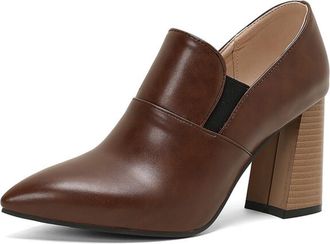 Generic Women Pointed Toe Ankle Shoes Elastic Panel Chunky Ribbed Block Heel Slip On Design Narrow Toe Cap Contrast Heel Detail Non Slip Comfortable Daily Sho