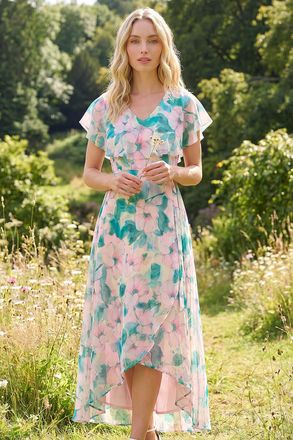 Roman Womens Floral Chiffon Dress - Pink - Size 10 UK
