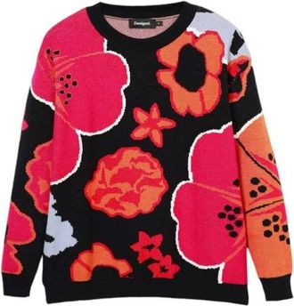 Desigual Zwarte Bloemen Gebreide Pullover Sweater - Dames - Ronde hals truien - Veelkleurig - XL - Polyester - Truien & Vesten