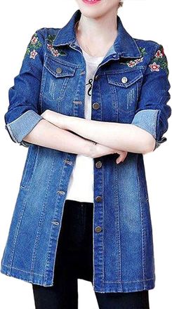 Generic Womens Denim Jean Jacket Stretch Long Sleeve Lapel Button Down Open Front Long Jacket Lightweight Casual Ladies Outerwear Coats(Blue, XXXXXL) leichte 