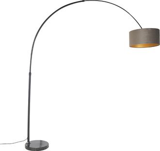 QAZQA Qazqa Moderno L&aacute;mpara De Arco Con Pantalla De Terciopelo Negro Topo Con Dorado 50 Cm - Xxl Acero /m&aacute;rmol /textil Alargada /cil&iacute;ndra /redonda Adecuado 