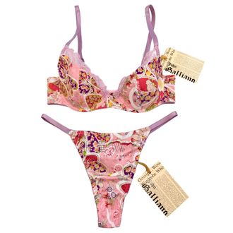 John Galliano Silk Jacquard Flower Power Print Bra & Thong Set Size S