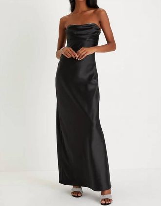 Lulus Exquisite Shine Satin Rhinestone Strapless Maxi Dress In Black