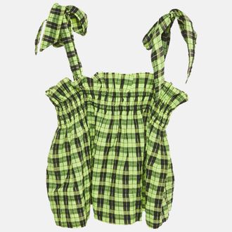 Ganni Ganni Neon Green/black Checks Cotton Blend Shirring Top