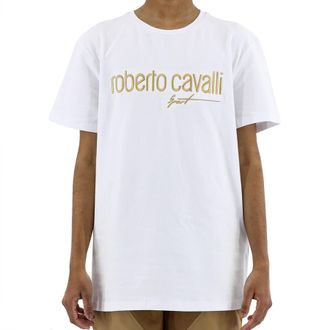 Roberto Cavalli Mens Optic White Logo Cotton Crewneck T-shirt, Size Medium