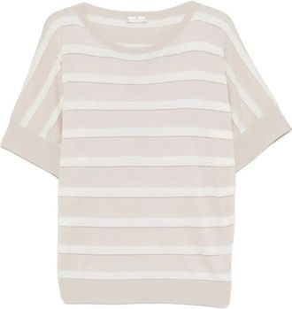 PANICALE Gestreept T-shirt met korte mouwen - Dames - Ronde hals truien - Beige - XL - Katoen - Truien & Vesten