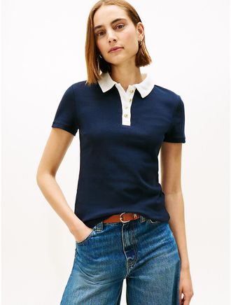 Tommy Hilfiger Womens Gold-Button Ribbed Polo - Navy Blue - L