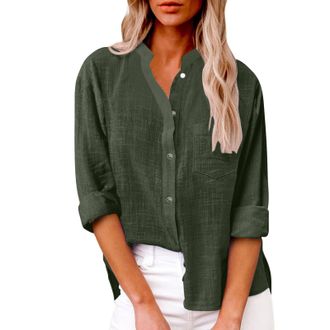 Generic Womens Shirts Casual 2024 Trendy Overshirt Tops Womens Plus Size Women Casual Stand Collar Long Sleeve Solid Color Shirt Top Single Breasted Cardigan 