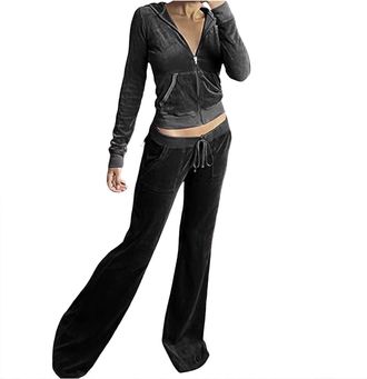 Generic Tracksuit Womens Full Set Winter Velour Sweatsuit 2 Peices Loungewear Outfits Long Sleeve Zip Up Hoodie Wide Leg Joggers Sweatpants Joggings Sportwear