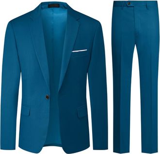 AlltheMen Mens Suits 2 Piece Regular Fit Wedding Dress Suit One Button Business Suit Lake Blue XXL