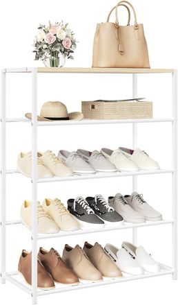 Woltu Woltu Zapatero Con Estructura De Metal Y 4 Estantes, Dise&ntilde;o Minimalista, Roble Claro Y Blanco