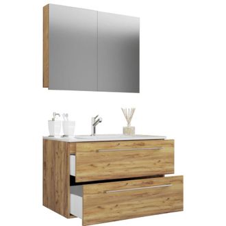 ebuy24 Ebuy24 - Vcm 3 Pcs Lavabo Lavabo Gabinete Inferior Ancho 80 Cm Muebles De Ba&ntilde;o Con Cajones Puertas Giratorias Armario De Espejo Badinos (roble Miel)