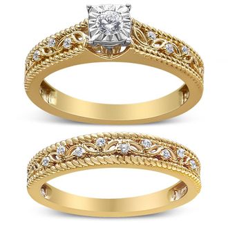 House of Brilliance 14K Yellow Gold Plated.925 Sterling Silver 1/5 Cttw Diamond Art Deco Style Engagement Ring Bridal Set