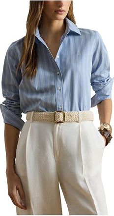 Lauren Ralph Lauren Petite Classic Fit Striped Broadcloth Shirt Womens Clothing Blue/White : PXS, Cotton