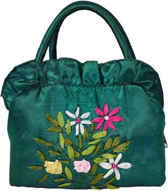 Generic Ethnic Style Tote Bag, Small Purse Wallet, Embroidery Flower Satin Silk Handbag, Zipper Flower Wrist Bag for Women Phone Cosmetic(green)
