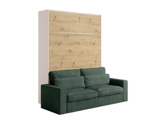Vente-Unique Cama abatible 160 x 200 cm - Apertura vertical manual - Con LEDs - Beige y natural + Sof&aacute; Verde - RAPILI