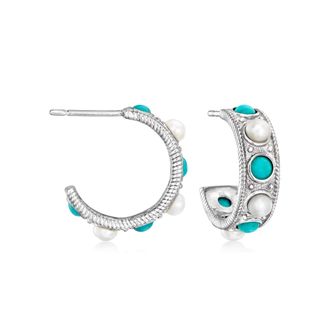 Ross-Simons Turquoise and 3-3.5mm Cultured Pearl Hoop Earrings in Sterling Silver
