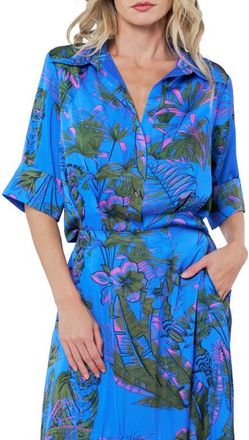 Ciebon Aurelia Palm Print Elbow Sleeve Button-Up Shirt in Blue Multi at Nordstrom, Size X-Small
