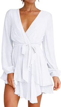 Generic Womens Cocktail Dresses Short Sleeve Empire Skater Dress Deep V-Neck Waist Tie Ruffle Mini Swing Dresses White