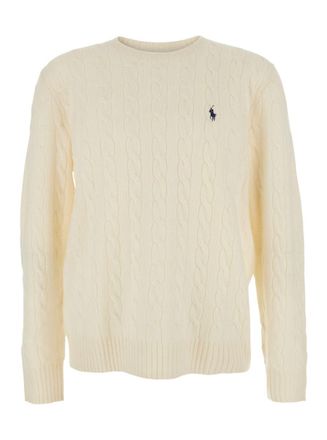 Polo Ralph Lauren White Cable Knit Crewneck Sweater With Pony Embroidery On The Front In Wool And Cashmere Man
