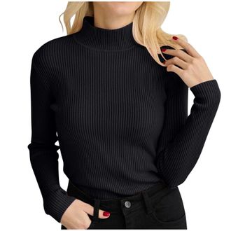 Generic 2025 Sweater Womens Ribbed Pullover One Size Turtleneck Pullover Elegant Knitted Long Sleeve Tops Slim Fit Long Sleeve Shirt Winter Sweater (Black, On