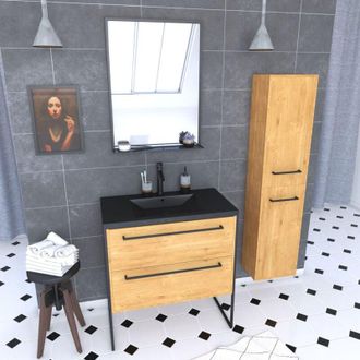 Aurlane Pack Mueble De Ba&ntilde;o 80x50 Roble Oscuro 2 Cajones Roble Oscuro, Lavabo Negra