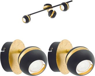 Loops Ceiling Spot Light & 2x Matching Wall Lights Black & Gold Adjustable Shade