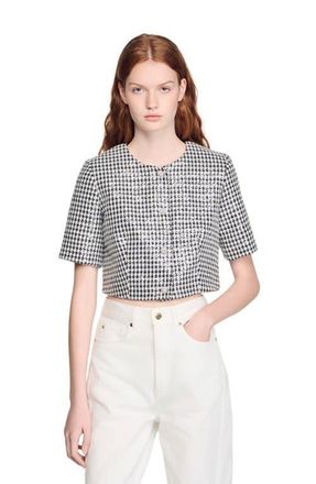 Sandro Cropped houndstooth tweed jacket in Black /White at Nordstrom, Size 34 Eu