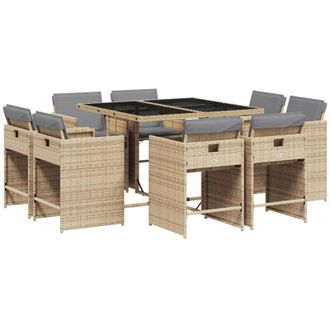 vidaXL Set Comedor De Jard&iacute;n 9 Pzas Con Cojines Rat&aacute;n Sint&eacute;tico Beige Vidaxl